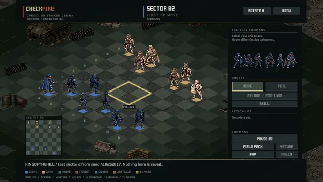 A CHECKFIRE board: olive and slate soldiers on an isometric chessboard, a gold zone outlined in the middle