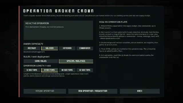Operation setup screen